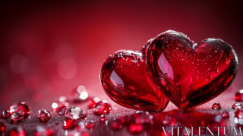 Heart-shaped glass objects with crystalline particles on reflective surface