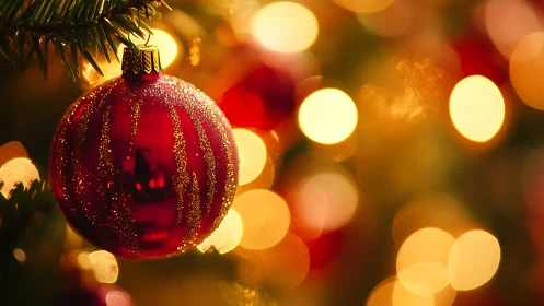 Crimson bauble drifts through a soft galaxy of golden bokeh