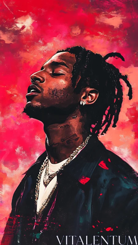 Crimson sky swagger portrait drenched in melodic reverie.