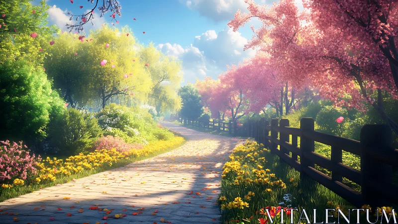 Sunlit garden path runs between flowering trees and fence