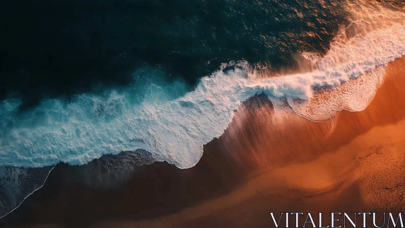 Aerial shoreline study captures contrasted surf and sunset sand