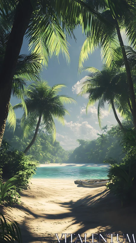 Tropical Beach Cove with Palms and Moored Boat