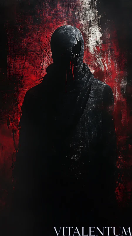 Shadowed figure in crimson mist, waiting at the edge.