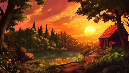 Digital riverside landscape shows cabin at low sun angle