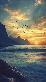Coastal mountain silhouette with seabirds at vivid sunset