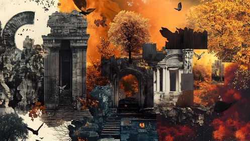 Ancient ruins dissolving into fiery autumn skies collage.
