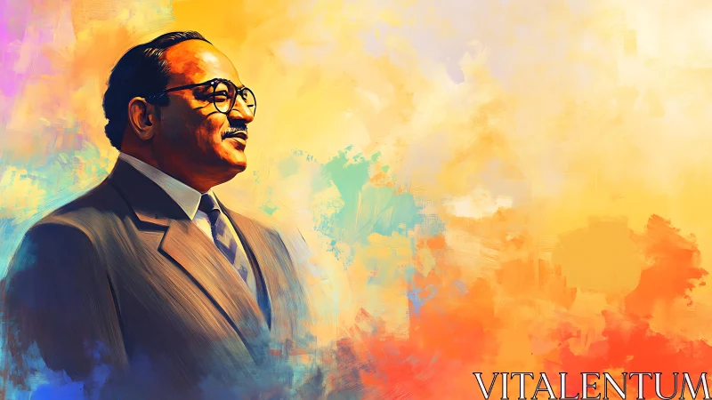 Portrait of suited man stands before abstract color field