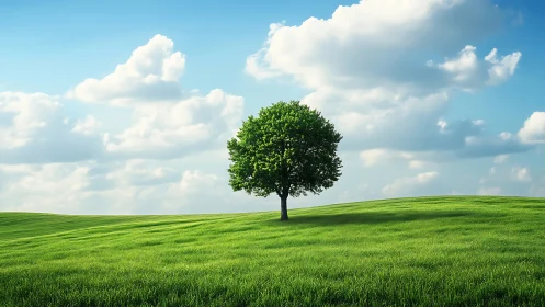 Lone tree on green field under blue sky with clouds, realistic landscape.