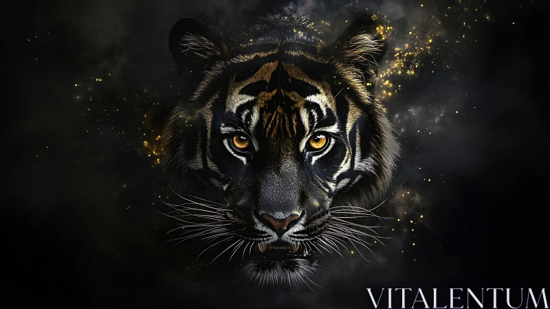 Tiger face emerging from dark smoke and gold sparks.