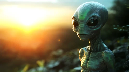 Sunset visitor from the stars gazes over a glowing horizon.