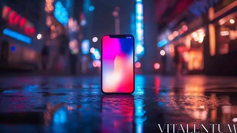Smartphone stands on wet neon street with blurred city lights