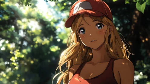 Sunlit anime hiker with red cap in dappled forest light.