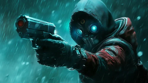 Hooded space rogue aims forward with glowing blue eyes.