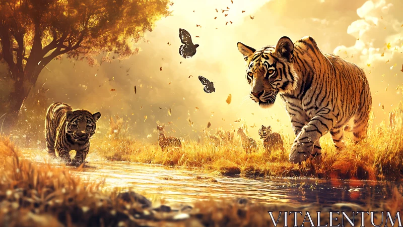 Golden Hour Tiger Family at Water's Edge.