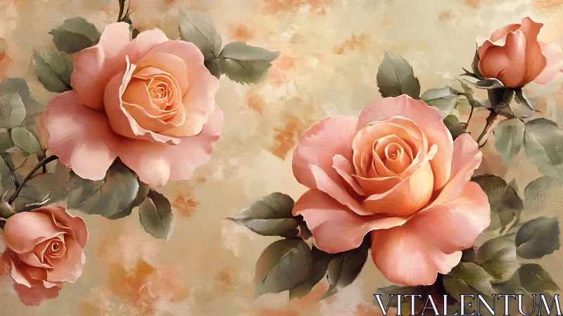Soft peach rose bouquet painted on warm vintage background.