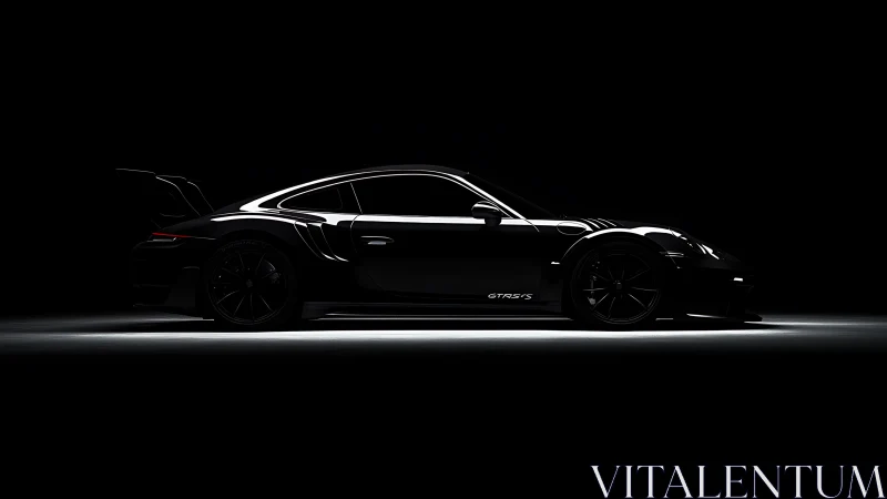 Low-key side profile of black GT sports car in shadows.