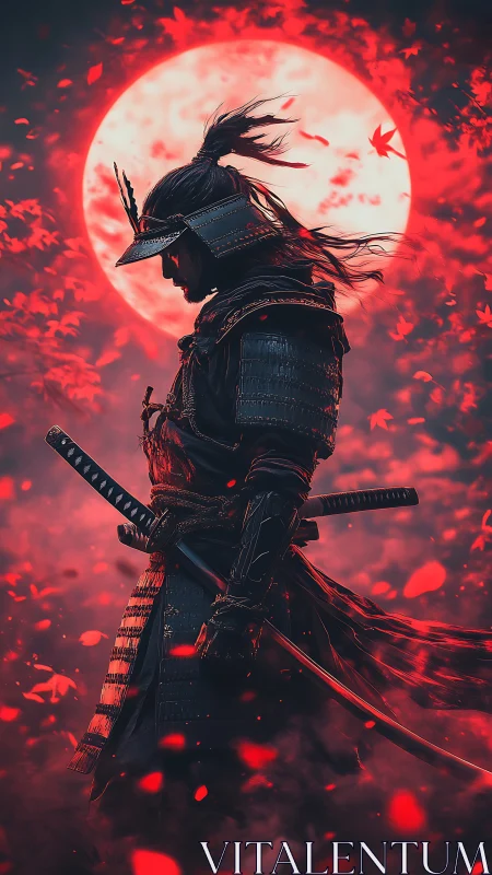 Samurai silhouette under crimson supermoon with drifting leaves.