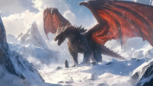 Crimson-winged dragon confronting lone figure in snowstorm.