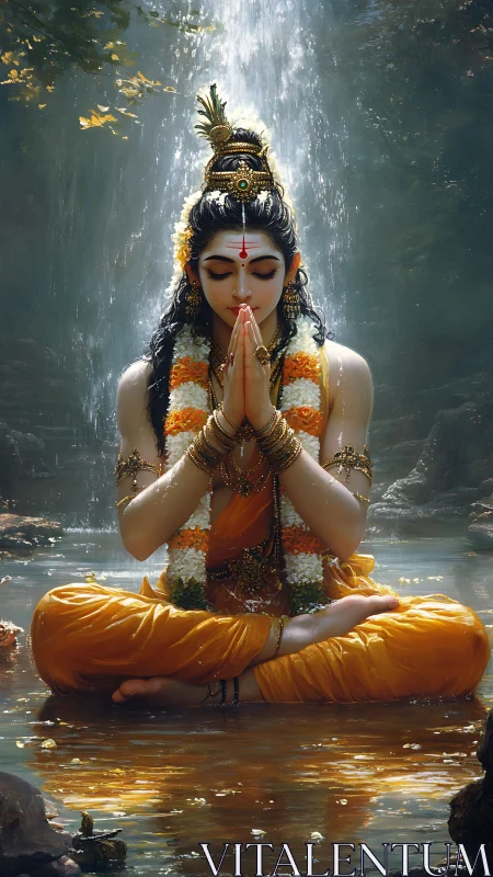 River-lit yogi in saffron robes beneath whispering waterfall.