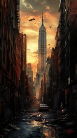 Storm-touched city street frames a glowing distant tower calmly