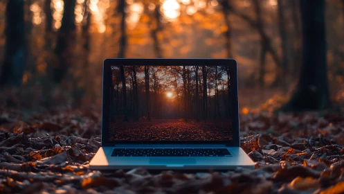 Laptop window framing autumn forest sunset glow outdoors.
