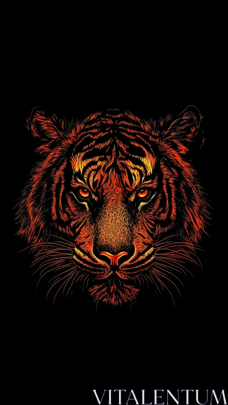 Symmetrical neon tiger portrait with high-contrast linework rendering