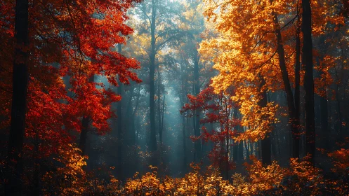 Autumn's Fiery Cathedral Beckons Through Mystic Forest Haze