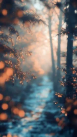 Winter forest path with frosted conifer branches backlit.