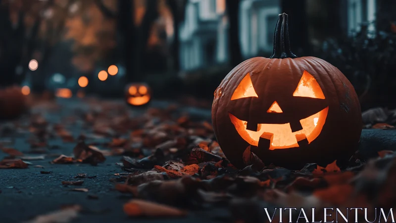 Carved jack o lantern on leaf covered suburban sidewalk.