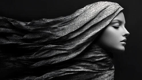 Woman wrapped in flowing script that whispers silent stories.
