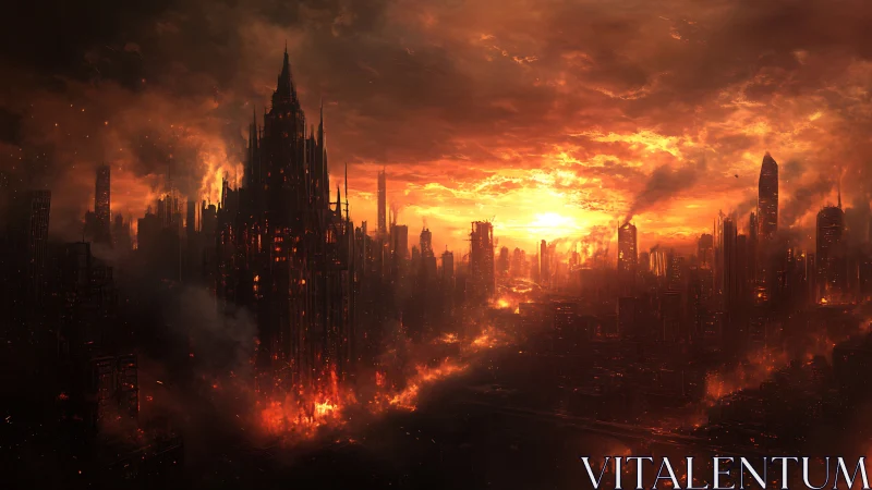 Thermal collapse of neo-gothic megacity under infernal sky.