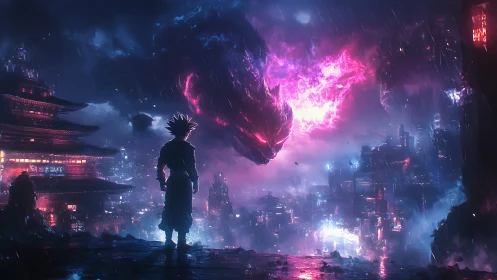 Silhouetted figure observing luminous cloud form above city.