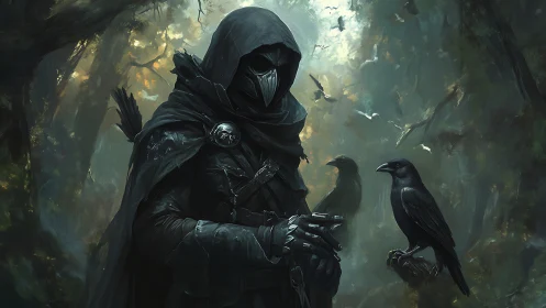 Shadowed crow keeper listens gently in a misty green forest