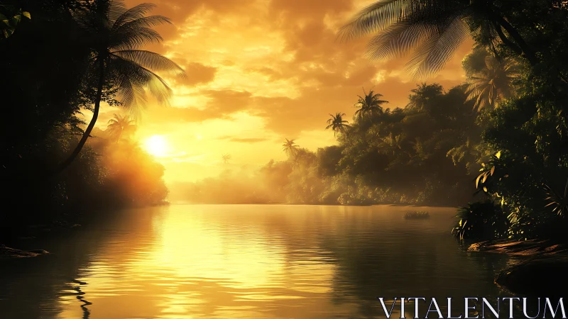 Volumetric sunset light scatters across tropical river canopy