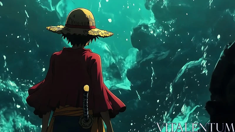 Straw hat figure facing turbulent glowing sea wall.