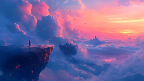 Solitary wanderer gazes toward luminous sky kingdom at dusk.