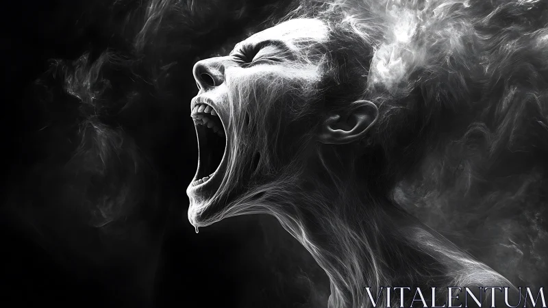 Monochrome ethereal scream portrait with vaporous contours
