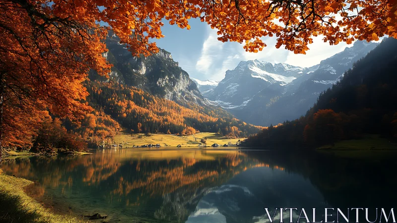 Autumn mountain lake reflects fiery forest and snow peaks.