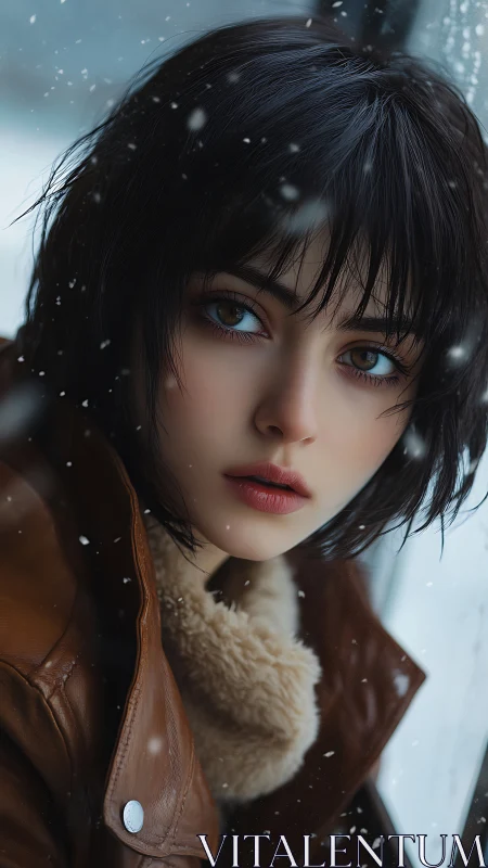 Winter portrait of short-haired woman in brown shearling coat