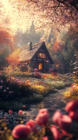 Storybook cottage glowing beside a flower-bright stream.
