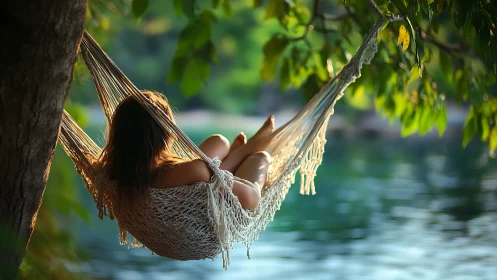 Backlit woman resting in macram&eacute; hammock beside tranquil lake