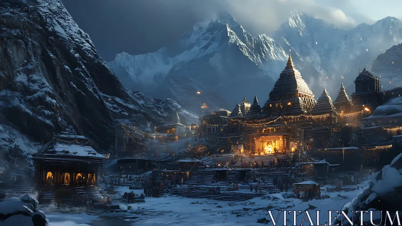 Digital painting of Himalayan temple city in snowbound valley.