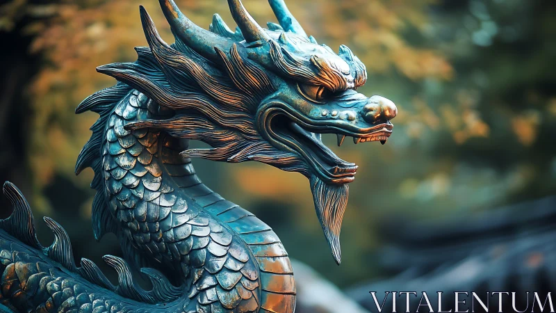 Bronze dragon sculpture with detailed patina and directional lighting