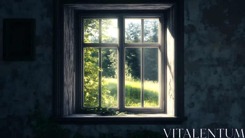 Sunlit meadow framed by a timeworn cottage window.