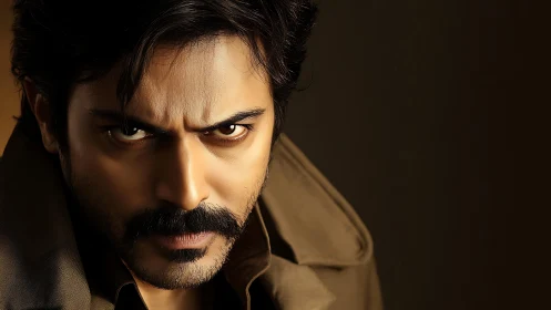 Intense gaze of a mysterious man in warm shadowed light.