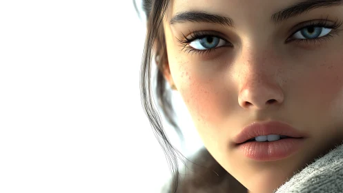 Hyper-real close-up portrait of young woman’s face.