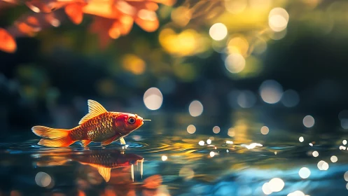Golden koi gliding over reflective bokeh water surface.