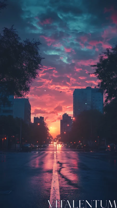 City street extends toward vivid sunset under dramatic clouds