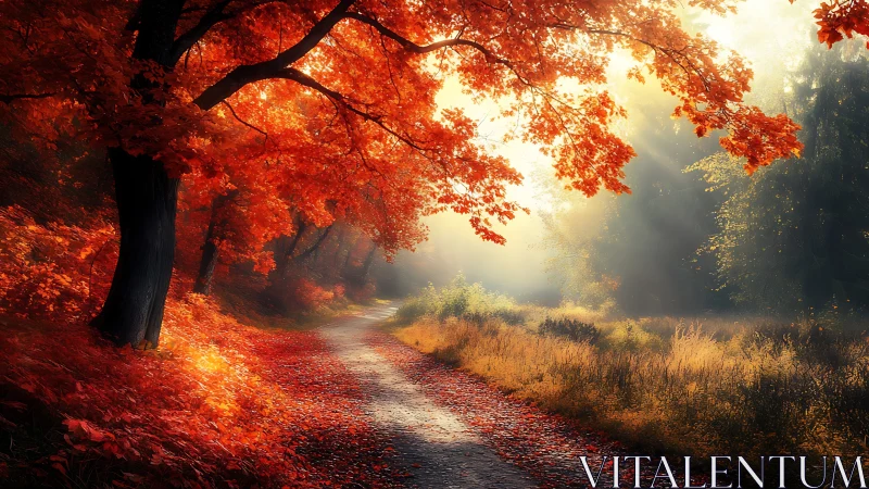 Autumnal Forest Path Through Backlit Crimson Canopy