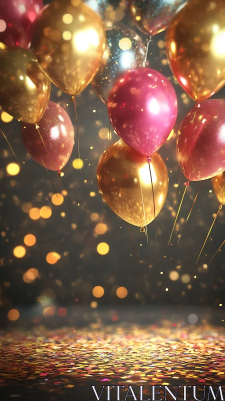 Illuminated balloons suspended in warm bokeh light field.